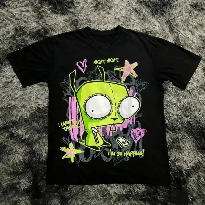 Unisex Vintage Alien Cartoon Inspired Graphic T‑Shirt, 100% Pure Cotton Short Sleeve Tee, Retro 90s Nostalgia Y2K Harajuku Summer Streetwear Casual Tops
