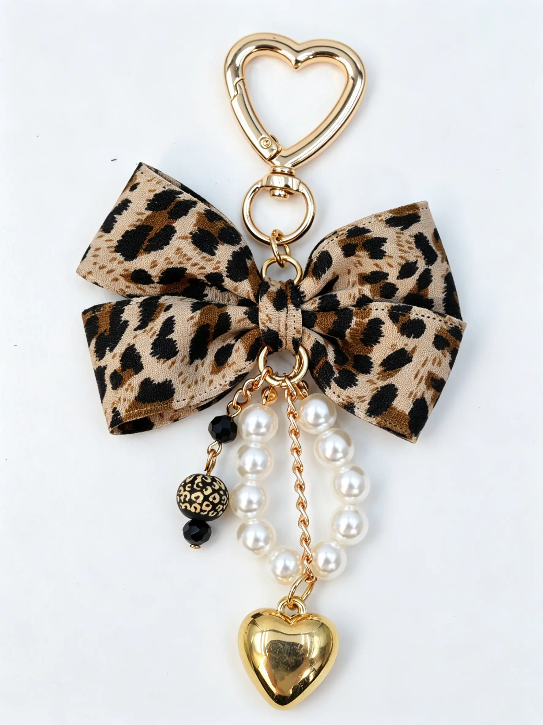 Adorable Leopard Print Bow Keychain, Imitation Pearl Bracelet, Crystal Heart Bead Pendant, Simple Personalized Key Chain for Women, Gift Keychain