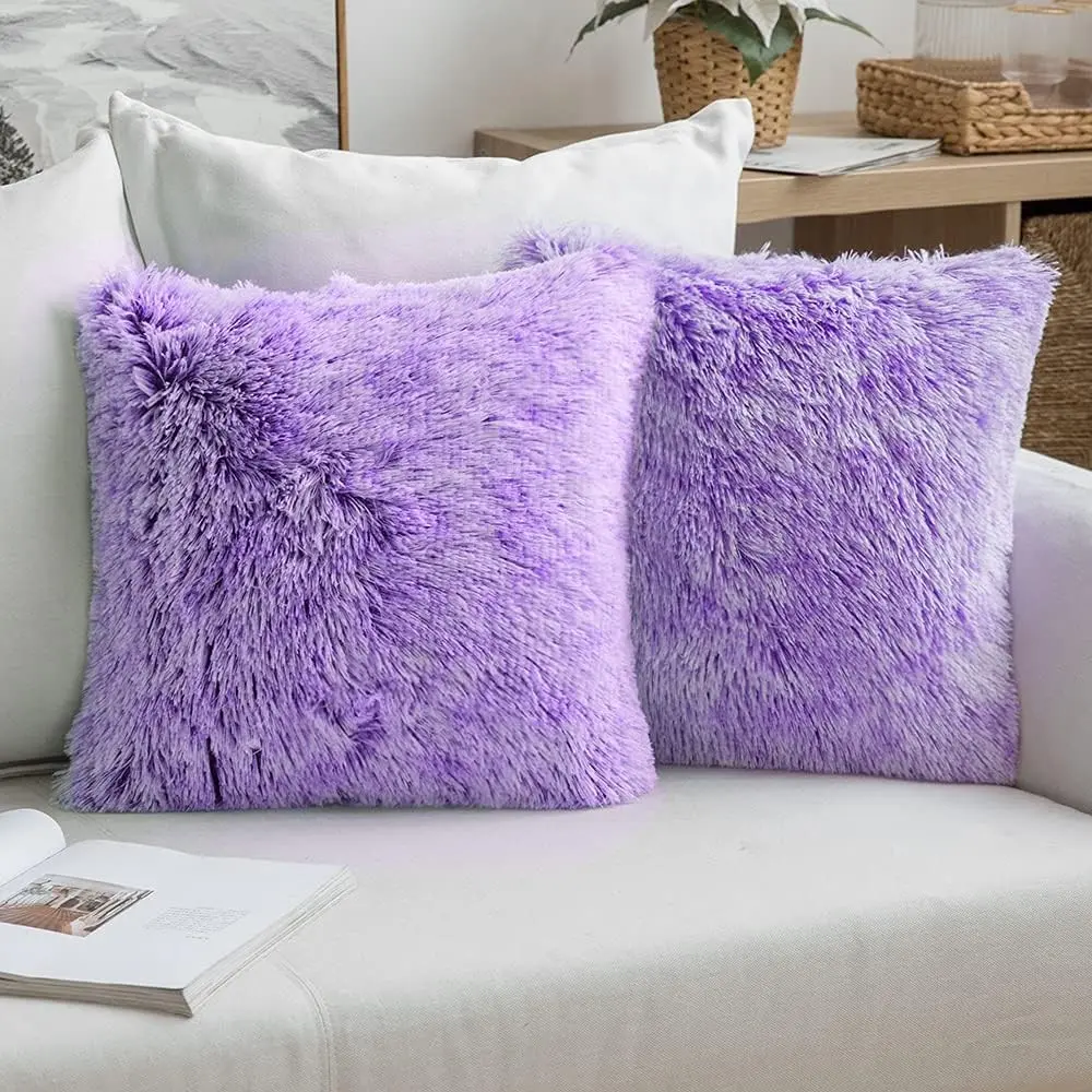 Ultra Soft Faux Fur Throw Pillow Covers 18x18 Set of 2, Purple Plush Shaggy Double-Sided Winter Cushion Covers for Couch Sofa BedroomGift