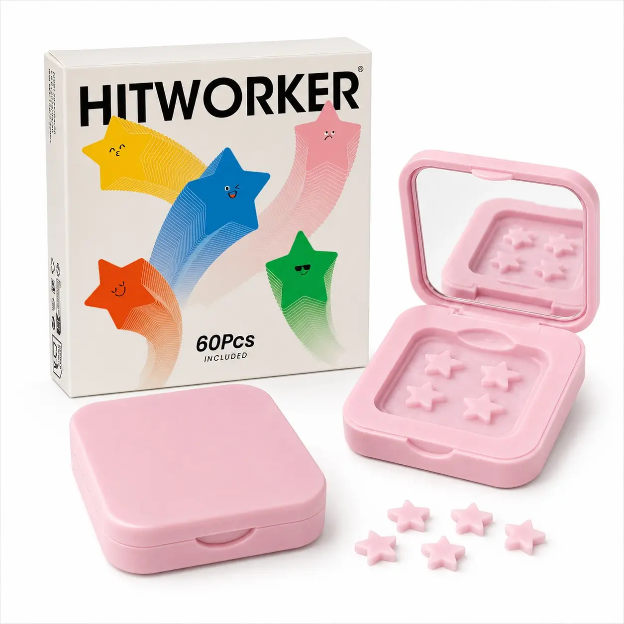 Hitworker Star Face Patches, 60 Count Cute Fun Beauty Patches with Compact Mirror Case, Colorful Vibrant Star Stickers for Teens, Travel, School, Work, Night Out