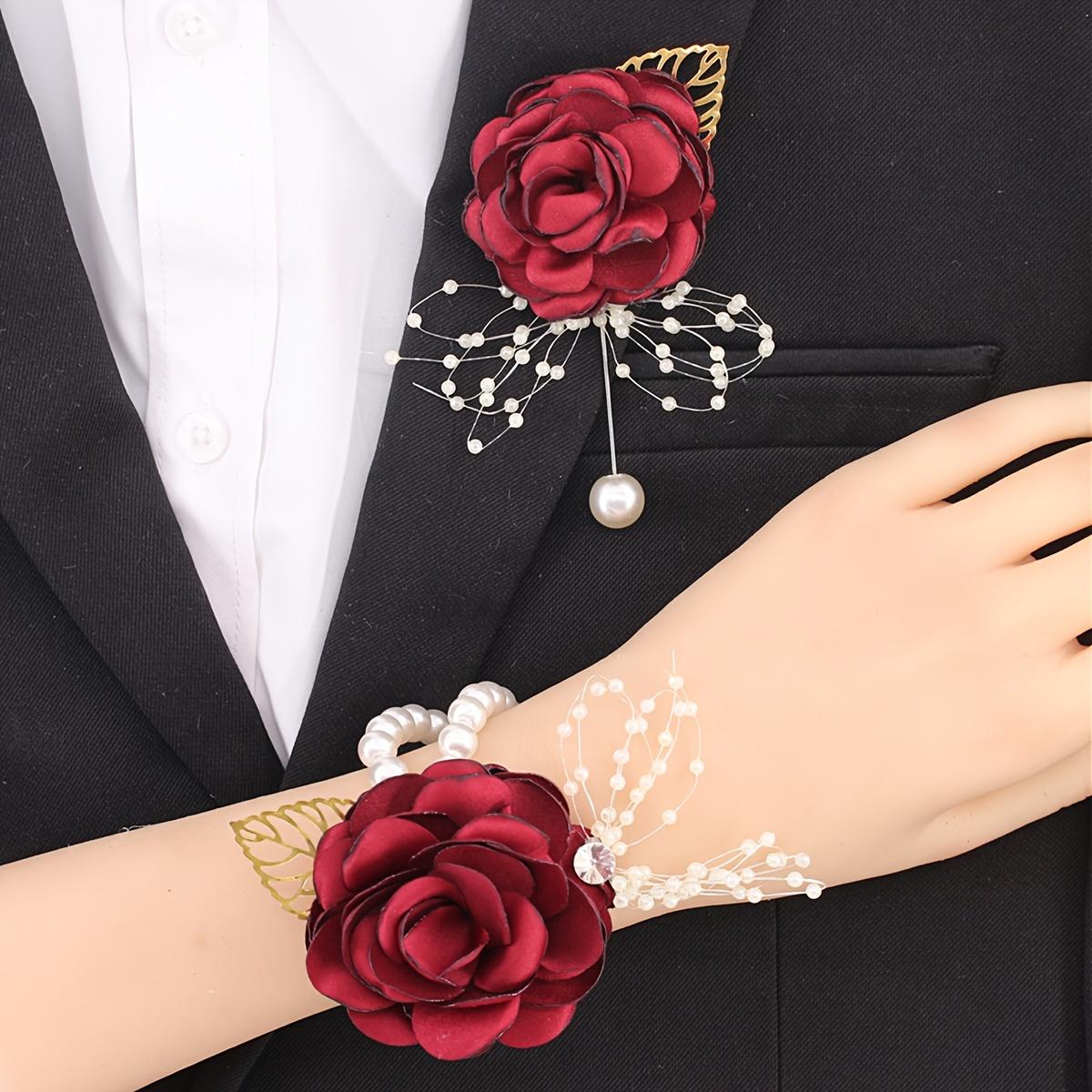 2-piece set of corsage and wrist corsage, artificial jasmine adjustable wristband classic style bridesmaid wrist corsage, groom's bridesmaid corsage Wedding