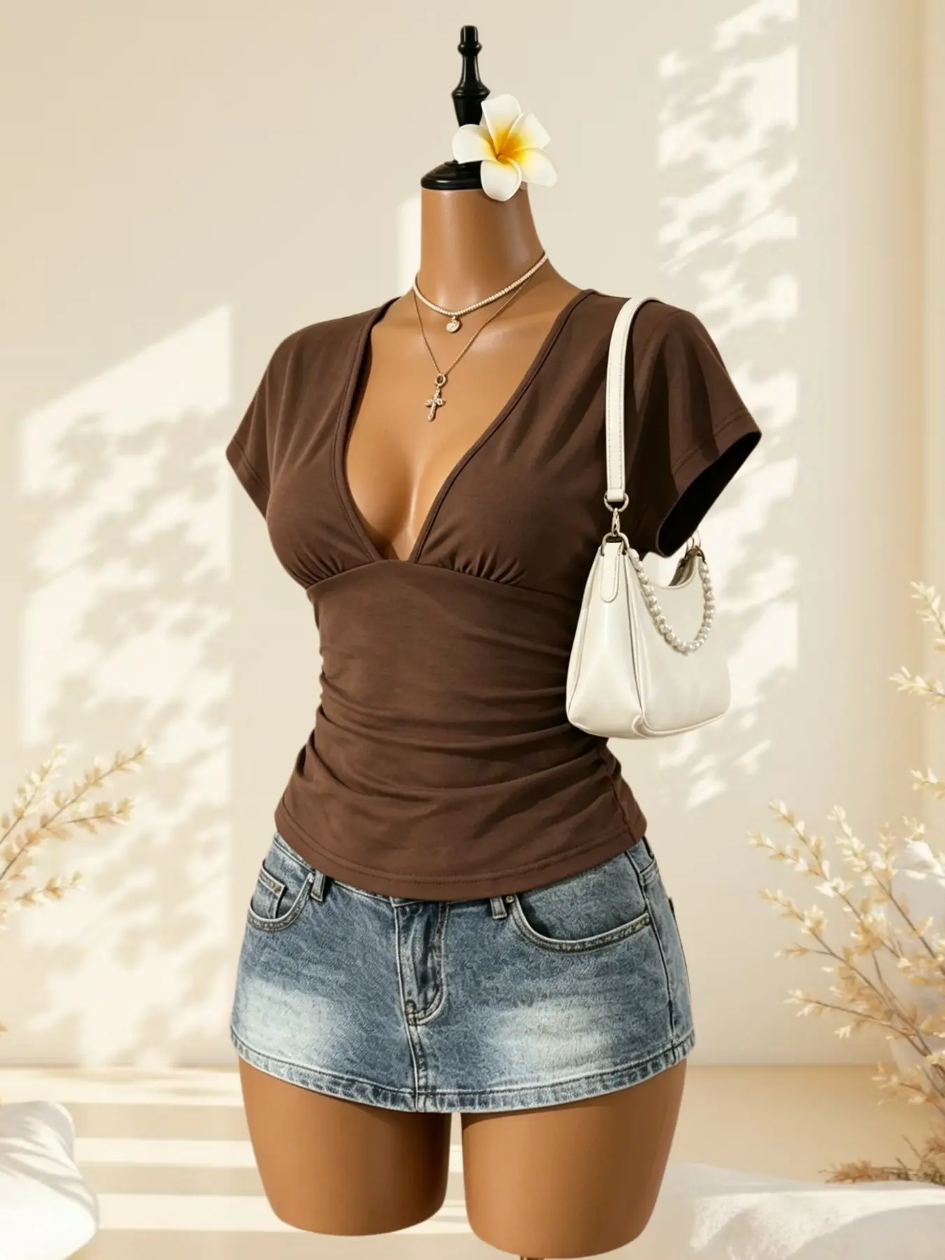 American Style Soft Stretch Deep-V Short-Sleeve Top, Slim-Fit, Skin-Friendly Streetwear Shirt for Daily Wear
