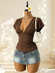 American Style Deep V Stretch Slim Fit Short Sleeve Top, Soft Skin-Friendly High Waist Slimming Streetwear Daily Wear Shirt