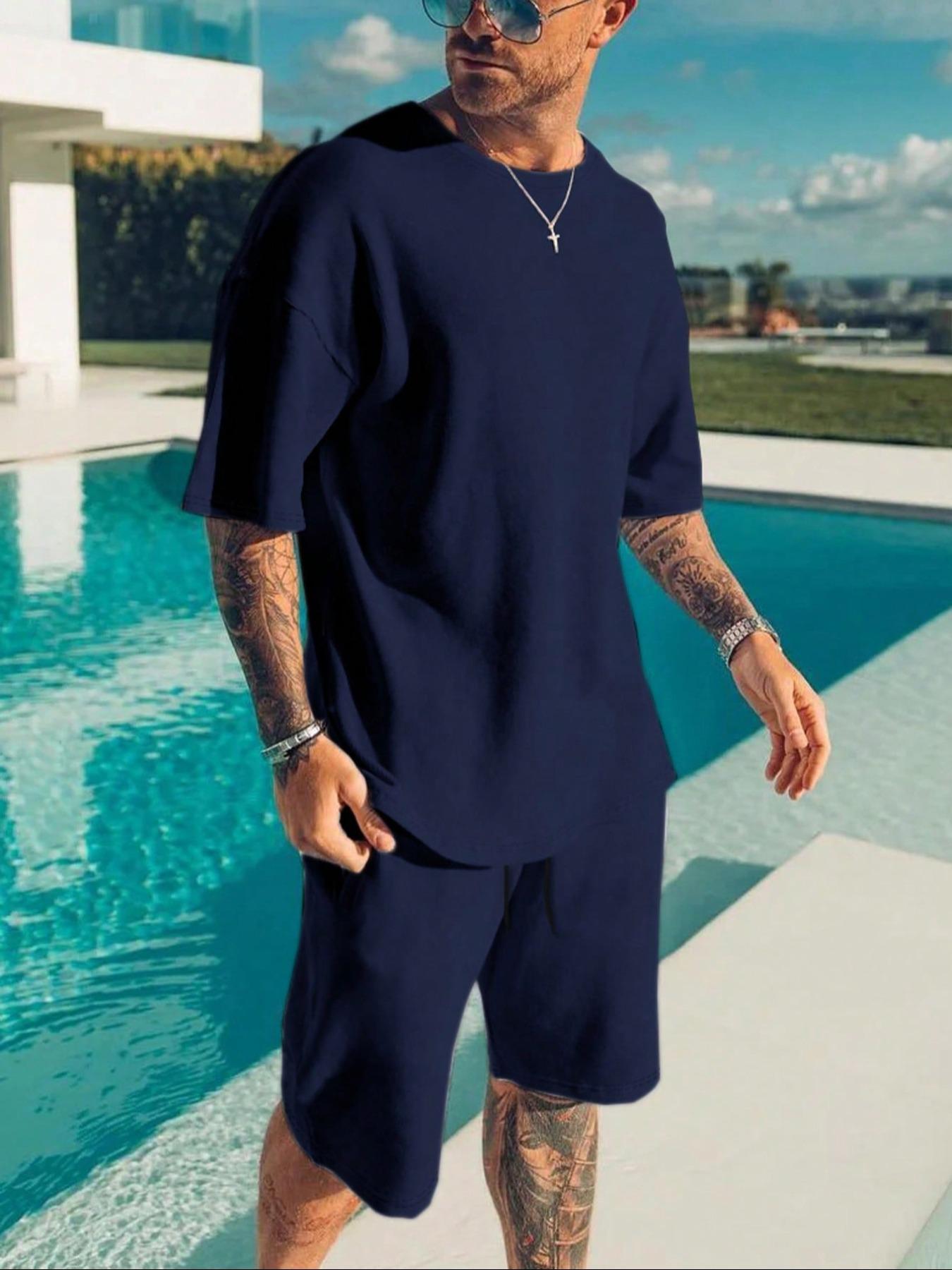 Two-Piece Set Men's Solid Short Sleeve Tee & Drawstring Waist Shorts Set, Regular Fit Casual Round Neck T-shirt & Track Shorts, Men's Summer Clothes Matching Clothing Set