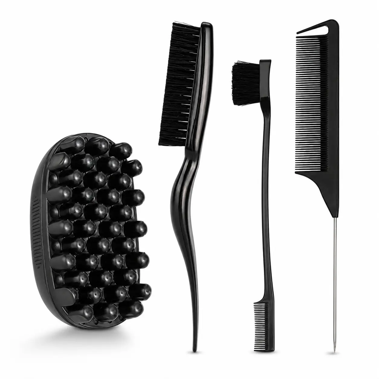 4Pcs Curly Hair Styling Tools Set, Scalp Massage Brush, Edge Brush, Double-Sided Edge Brush & Rat Tail Comb, Detangling, Parting, Edge Control and Scalp Care Kit for Coily, Curly, Wavy & Textured Hair Styling