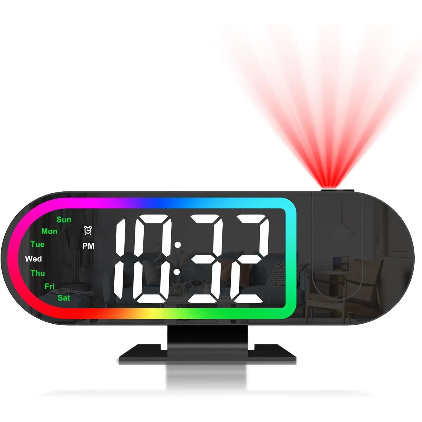Projection Alarm Clock for Bedroom Ceiling, 8.5" Large Display Alarm Clock with 180° Rotatable Projector, 4 Brightness, 17 Ambient Light, Temp & Weekday, Snooze, Digital Clocks for Home Decor