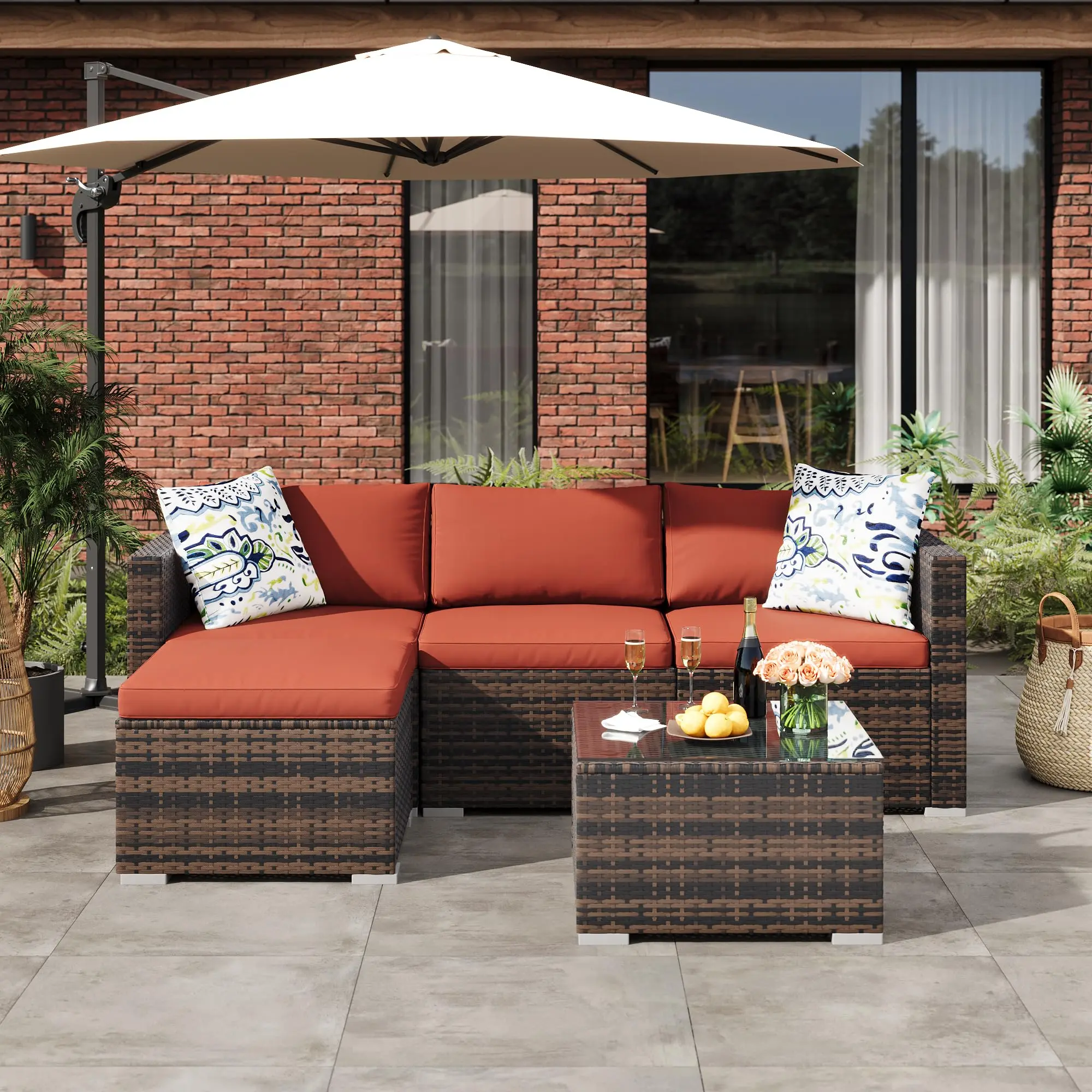 5-Piece Expandable Heavy-Duty Wicker Rattan Patio Furniture Set - Stable Ergonomic Sectional Sofa with Thick Arms, Soft Cushions, Storage Ottoman, Glass Coffee Table, Assembly Required for Backyard Relaxation