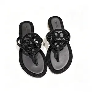 Women's Rhinestone Flat Sandals - Black Sparkling T-Strap Flip Flops, Luxury Designer Inspired, Non-Slip Summer Slides for Casual & Dressy Wear