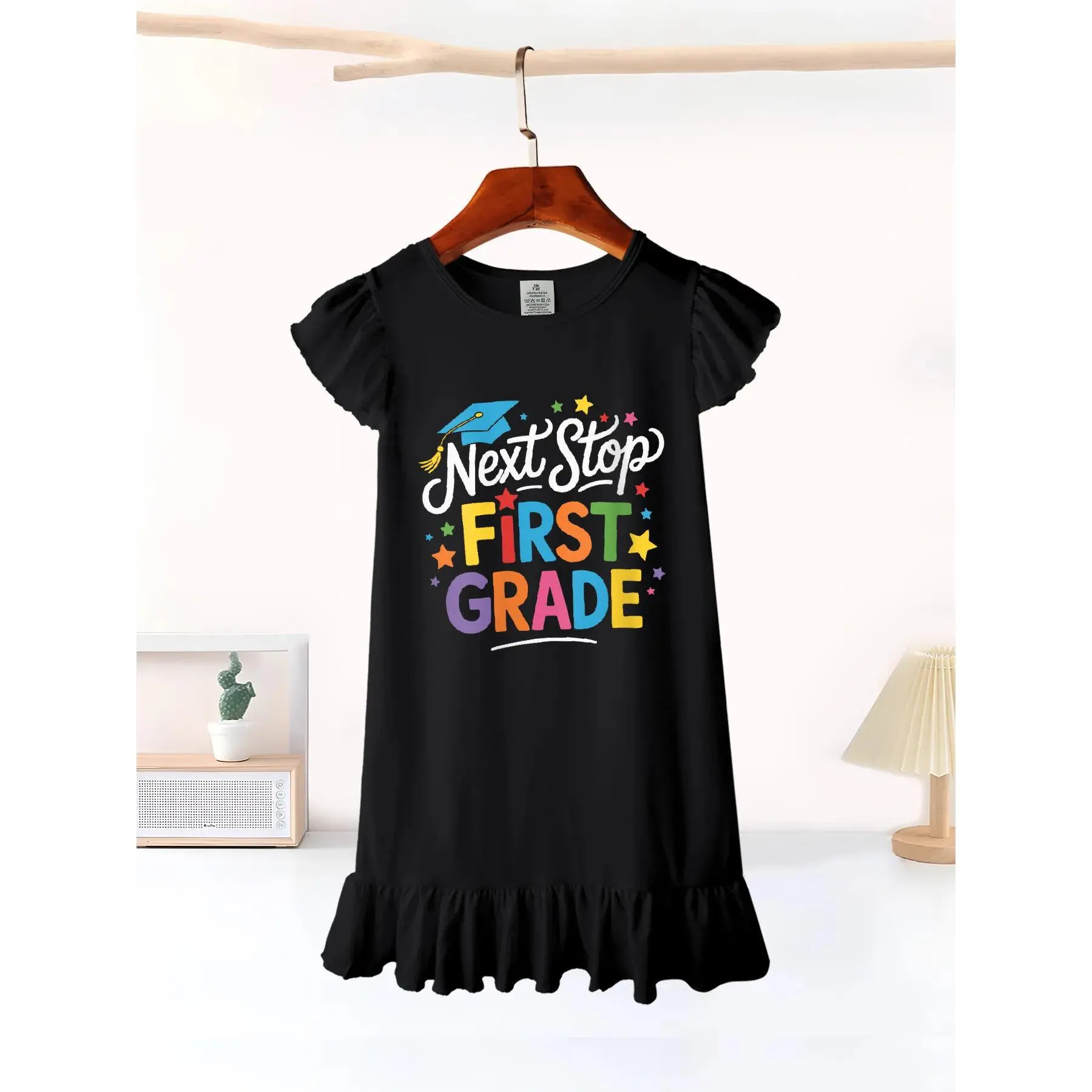 2026 Kindergarten Graduation Girls' Summer Flutter Sleeve Crew Neck Knee Length Casual Dress - Soft, Durable, Easy-Care, Cute Look, Graphic Print, Casual Wear - Ideal for School, Outdoor Activities - Local Warehouse