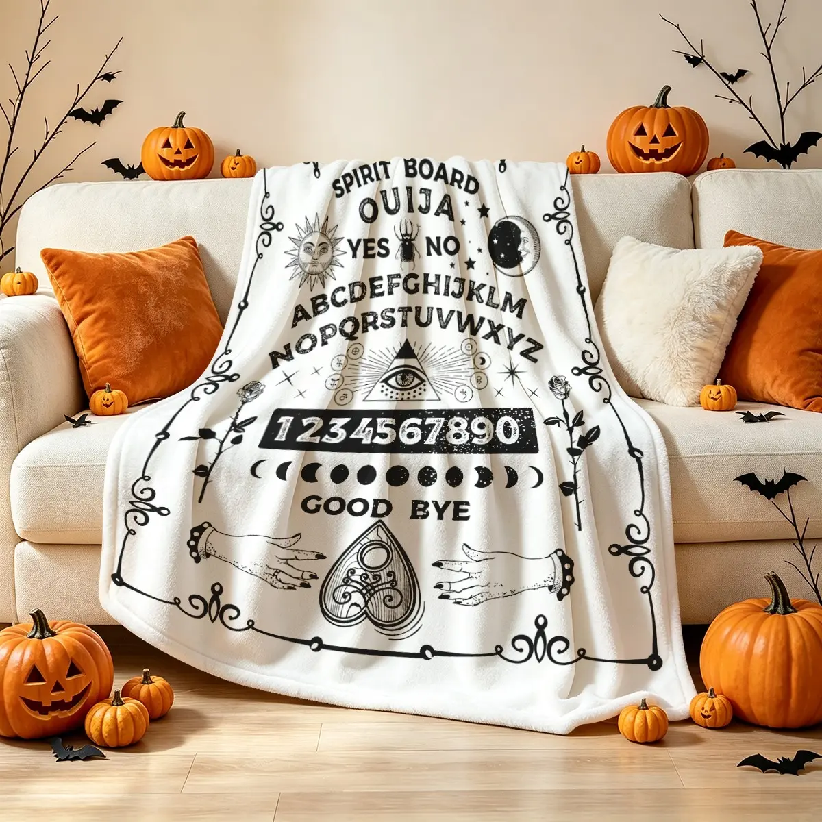 1PC Vintage Gothic Occult Ouija Board Halloween Flannel Cover Blanket Featuring Sun Moon Phase, All-seeing Eye, Rose and Hand Motifs, Soft Cozy Shawl Nap Blanket for Sofa, Office Break & Outdoor Camping, Halloween Home Decoration & Party Favor Present