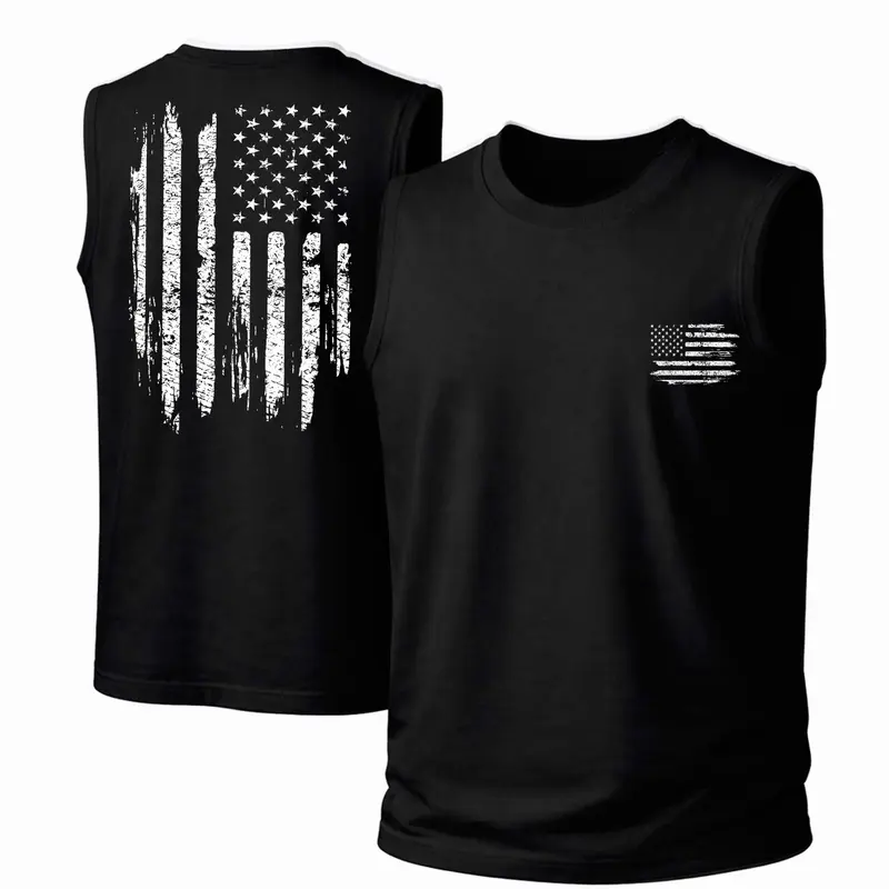Men's Tank Top, Retro US Flag Print Cotton Garment, Sleeveless Streetwear Style with Loose Fit for Outdoor Activities