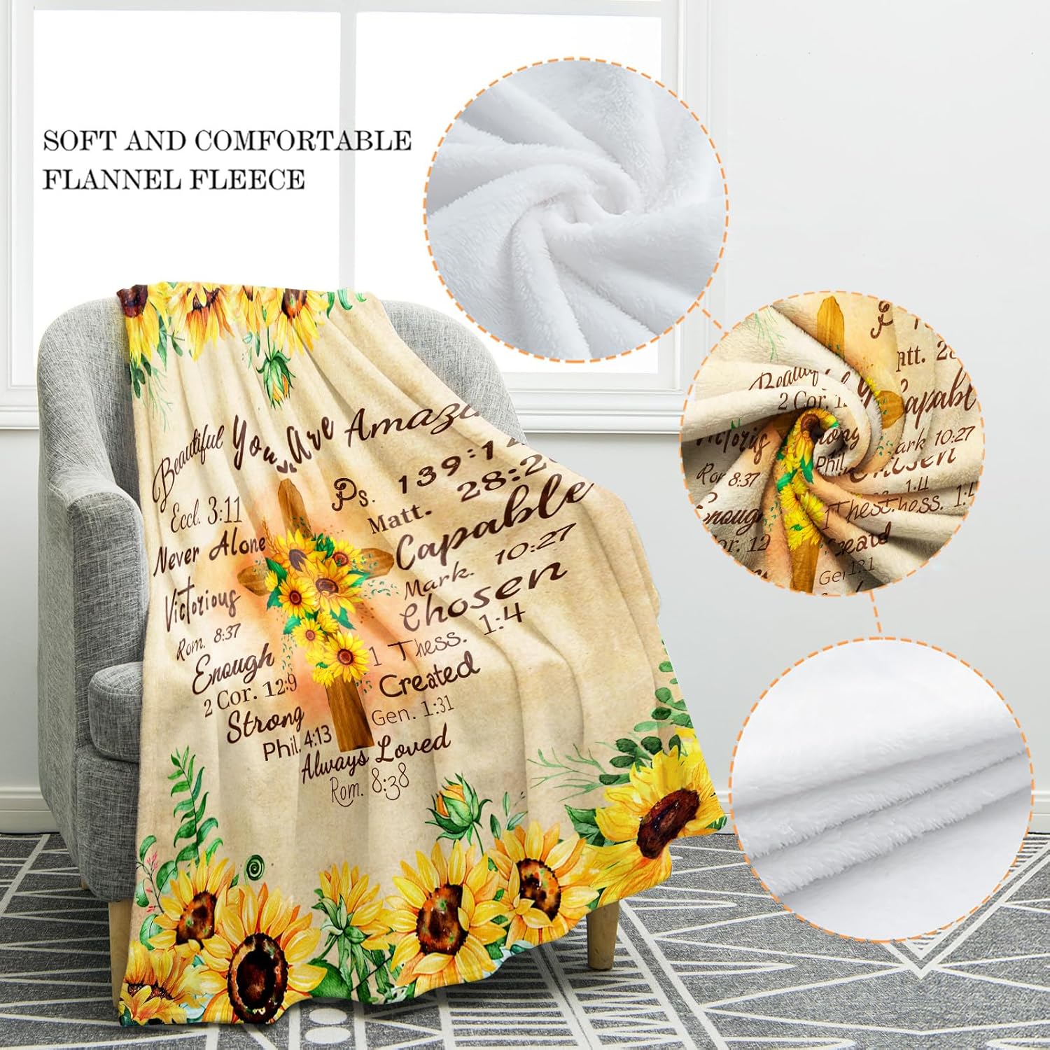 Christian Sunflower Blanket Inspirational Spiritual Religious Faith Gifts for Women Men Kids Girls Female Friends Birthday Christmas Halloween Presents Flower Floral Decor Plush Throw 50"x60"