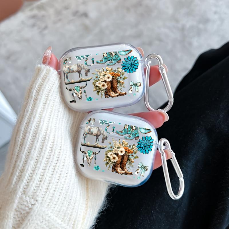 Western Charm Collage Pattern TPU Soft Protective Case for Apple AirPods 4/3/2/1/Pro/Pro2 Transparent Earphone Cover with Keychain Attachment