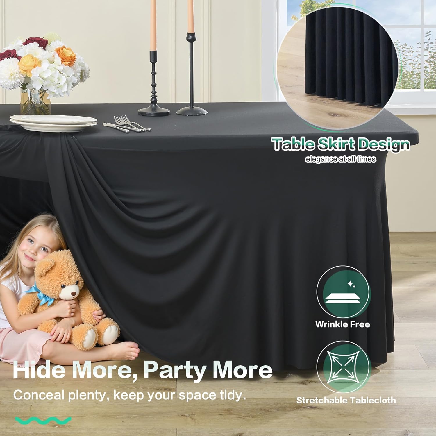 Black 6FT Spandex Tablecloth for 6FOOT Rectangle Tables, 2 Pack Stretchy Wrinkle Free Table Cloths for Parties Wedding Birthday  Shower