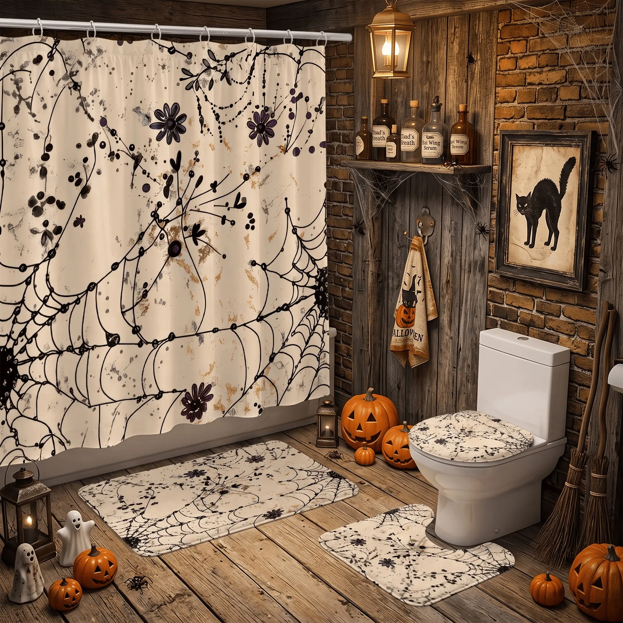 4pcs Gothic Spider Web Shower Curtain Set, 4 Piece, Spooky Vintage Halloween, Floral, Non Slip Rugs, Contour Mat, The floor mat fabric is thicker and softer! Toilet Lid Cover, Cottagecore Decor