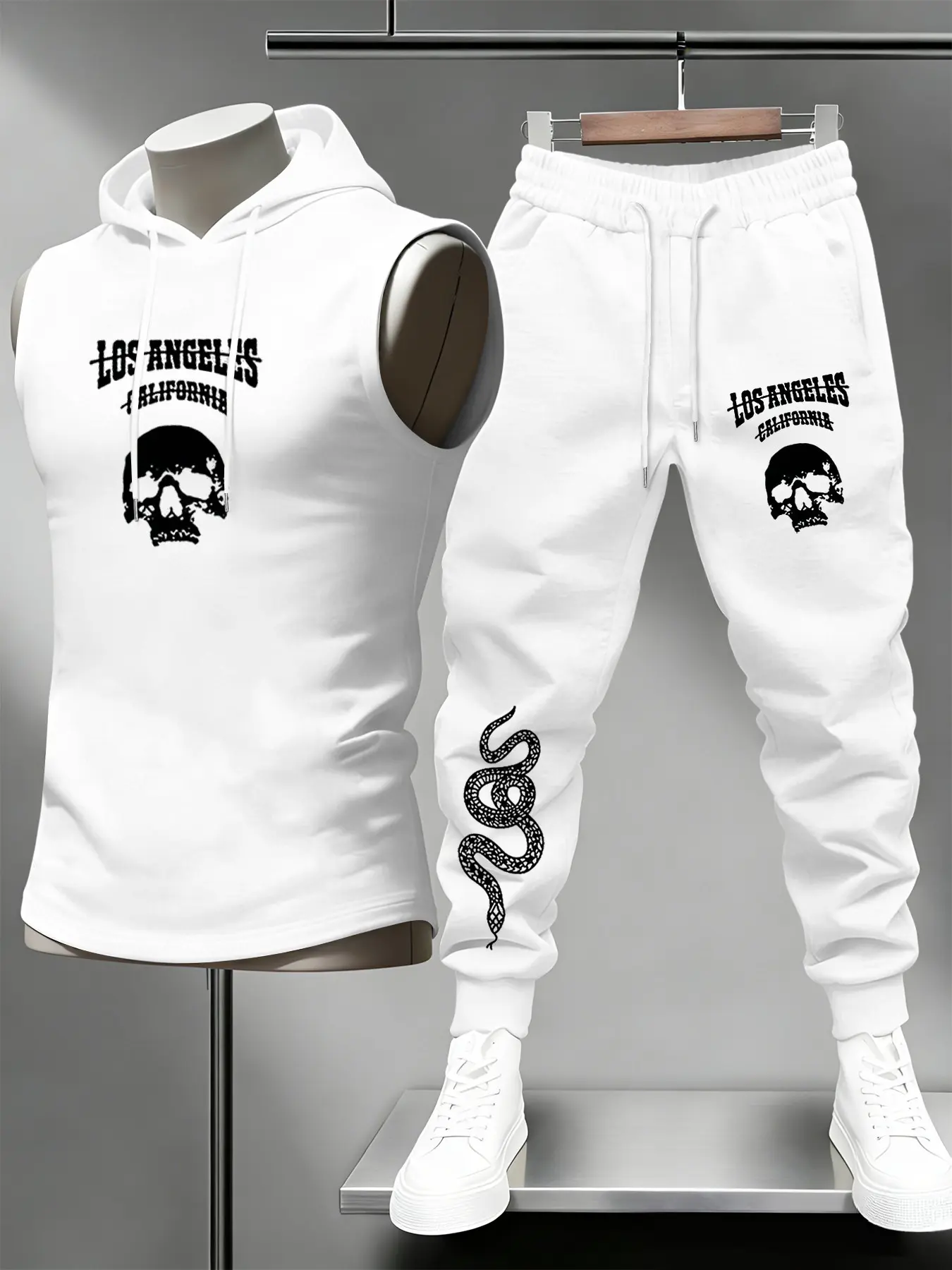 Men's Street Style Skull Snake Print Camisole Set, Sleeveless Hooded Vest + Jogger Pants, Casual Sportswear Two-Piece, Casual Sporty Set