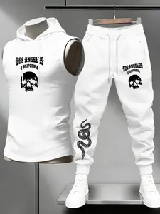 Men's Street Style Skull Snake Print Camisole Set, Sleeveless Hooded Vest + Jogger Pants, Casual Sportswear Two-Piece, Casual Sporty Set