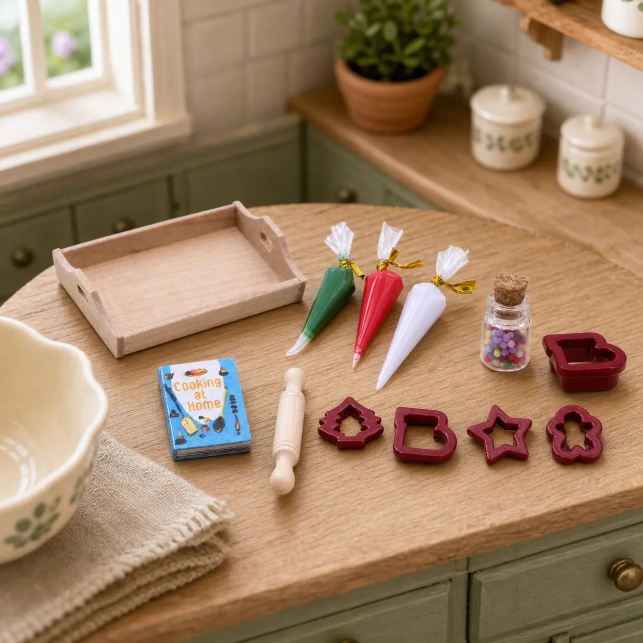 Miniature Dollhouse Baking Accessories Set, 12-Piece Kitchen Set with Piping Bags, Rolling Pin, Tray, Sprinkle Jar and Cookie Cutters