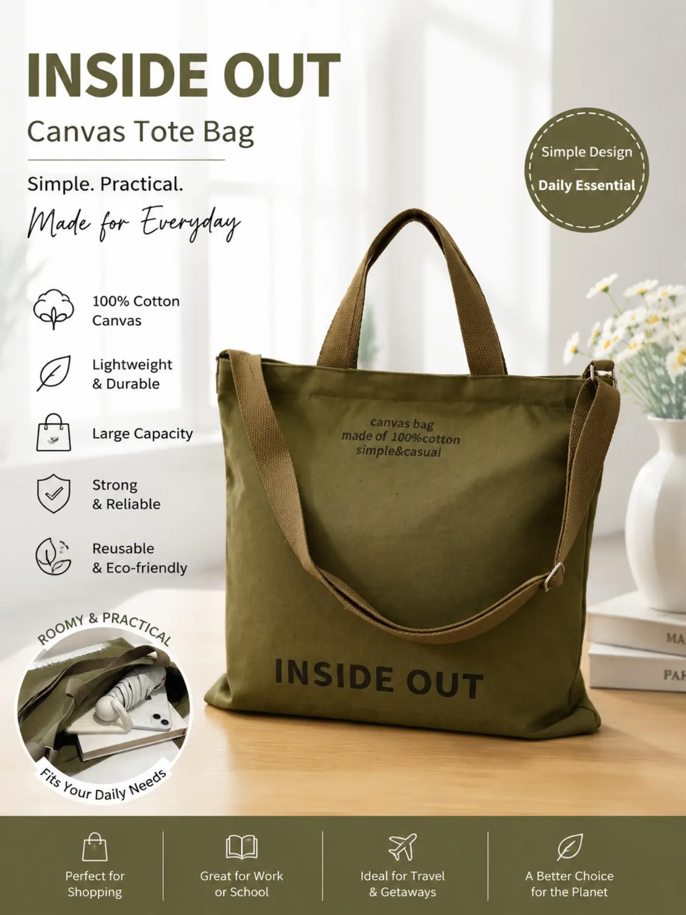 Canvas Carryall Tote Bag for Women & Men, Large Capacity Casual Shoulder Bag with Zipper Closure, Inner Pockets & Vintage Letter Print Design, Versatile Crossbody Shopper Handbag for Work, School, Travel, Shopping and Everyday Commute