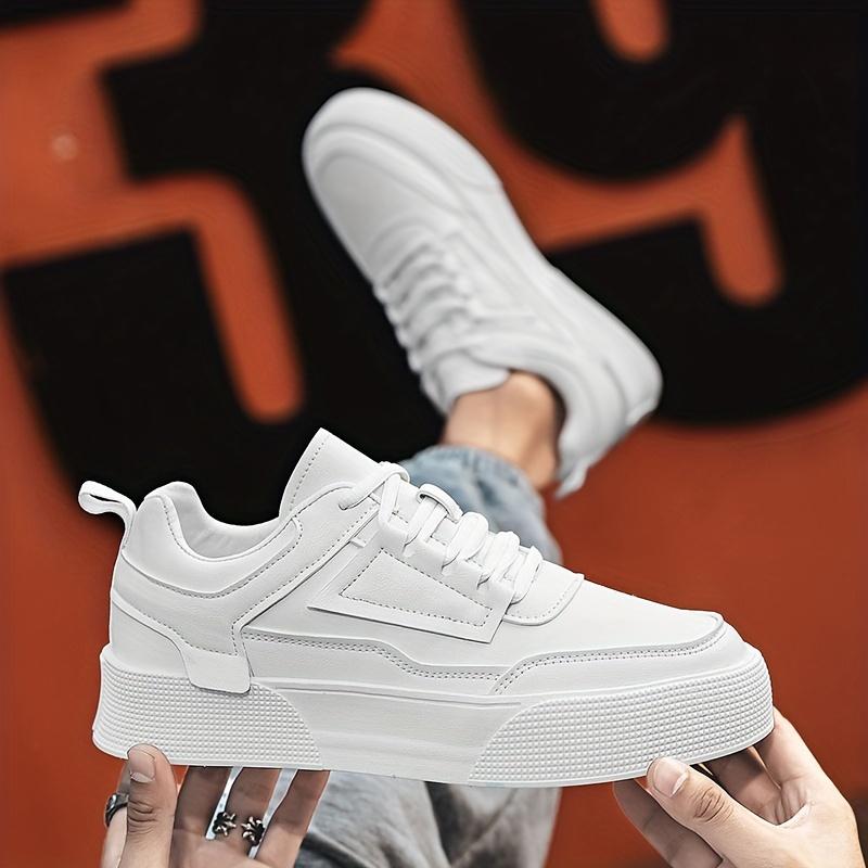 [Everyday Sneakers] Men's Classic White Casual Sneakers - Stylish Low-Top Lace-Up Shoes with Durable PU Upper & Sole, Comfortable Fabric Insole for Casual Attire