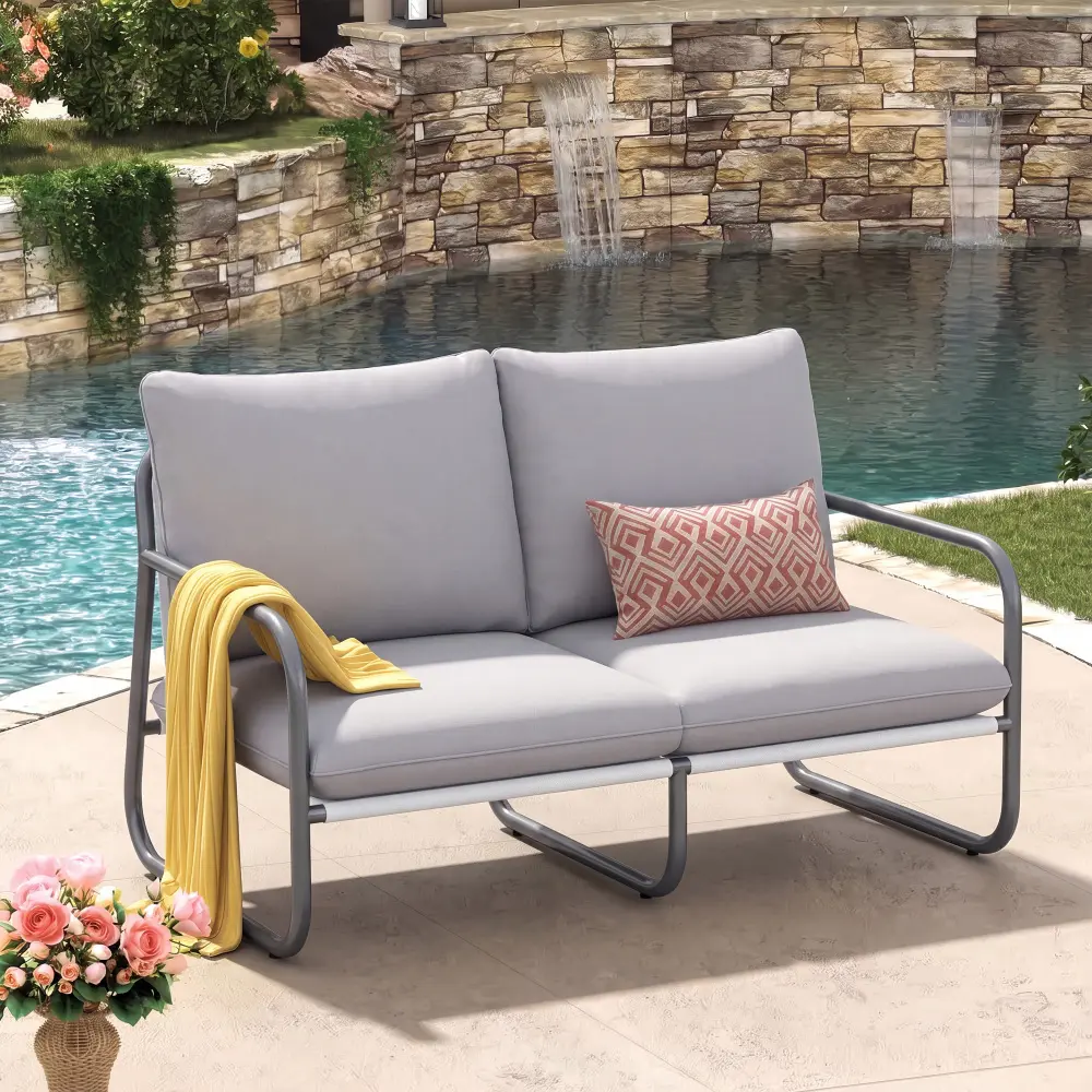 Littleox Modern 2-Seater Aluminum Frame Loveseat Sofa, Outdoor Patio Furniture with Water-Resistant Cushions