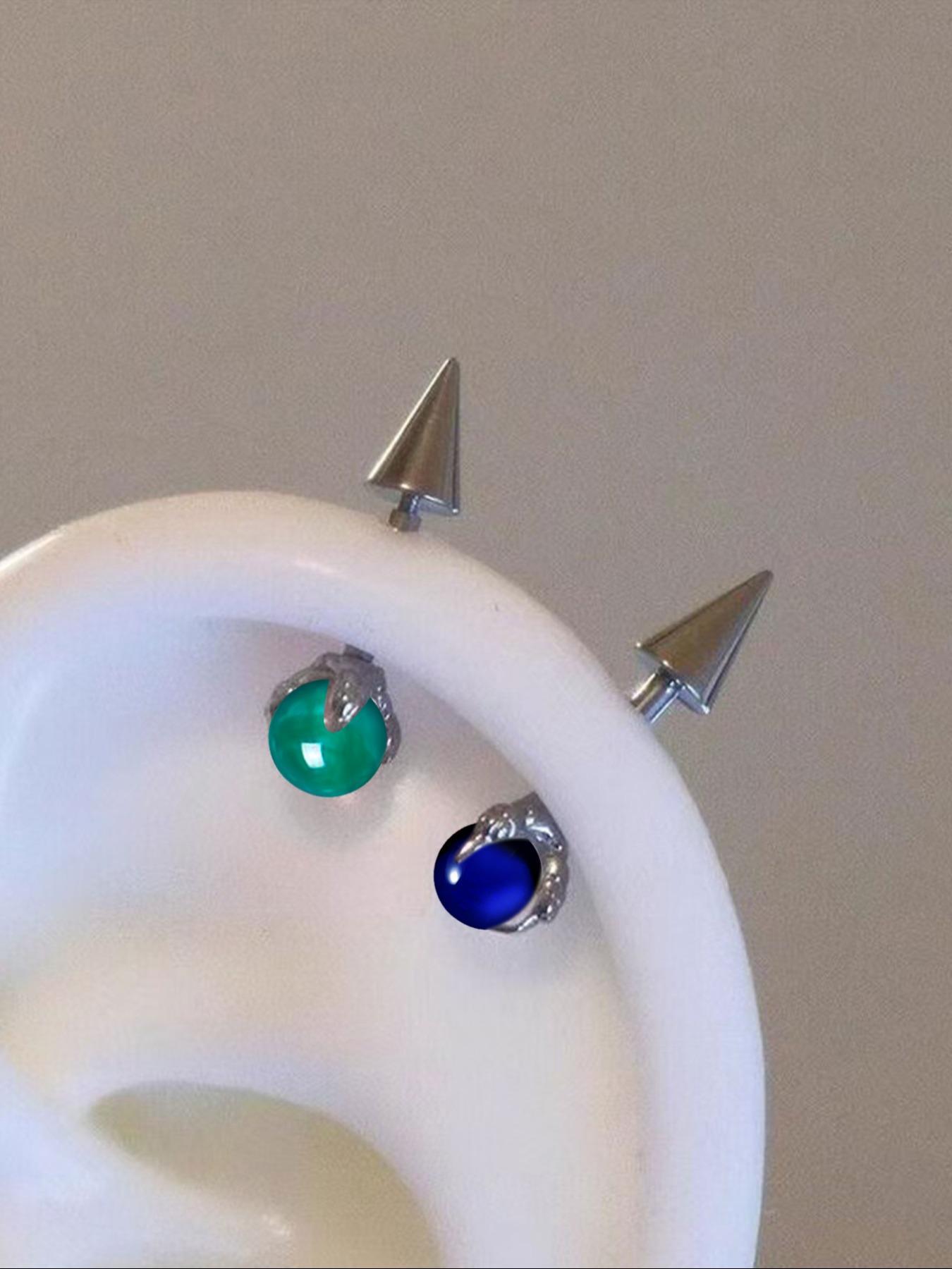 Stylish Hypoallergenic Stainless Steel Spike Ear Cuffs with Cat's Eye Stone Design, 16G Fashion Earrings for Men and Women, Perfect Birthday Gift