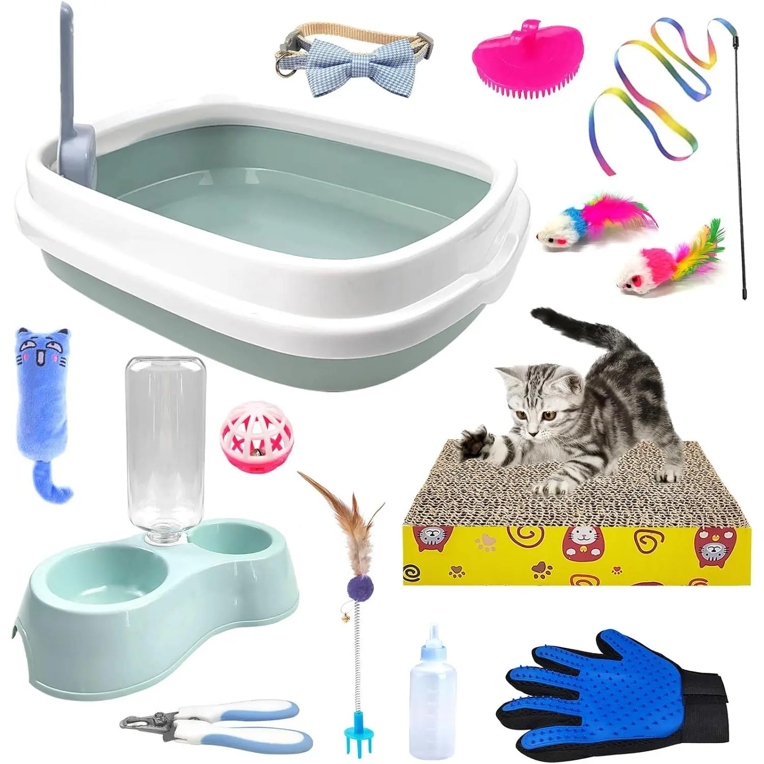 Kitten Starter Kit - 15 count  Essentials Set Includes Litter Box, Toys, Collars, Scratch Pad,  File, Automatic Feed Bowls,  Gloves