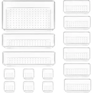 15 PCS Clear Plastic Drawer Organizers Set, 4-Size Versatile Bathroom and Vanity Organizer Trays, Non-Slip Storage Containers for Makeup, Jewelries, Bedroom, Kitchen Utensils and Office