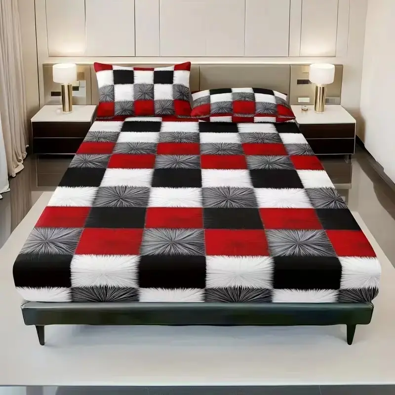 Faux‑Fur Effect Checkered Fitted Sheet 3‑Piece Set, Fuzzy Square Grid Print Soft Polyester Bedding, Fitted Sheet & 2 Pillowcases Only, No Comforter Included, Multiple Color Variants