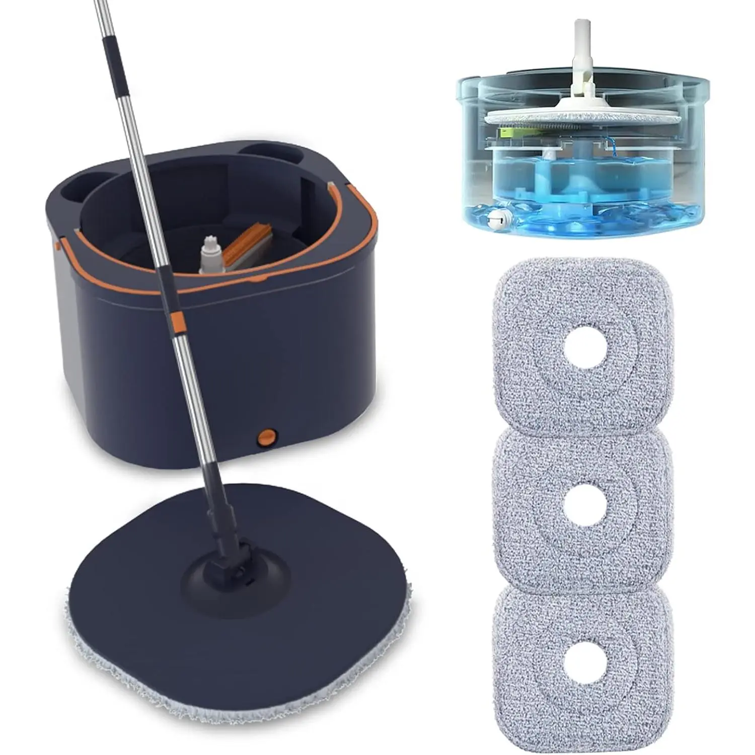 Synthetic Flat Floor Mop and Bucket System Set with Wringer - Spinner Mop, Self-Separates Clean/Dirty Water, Floorcare for Hardwood, Tile, Wet/Dry Use, Navy Blue