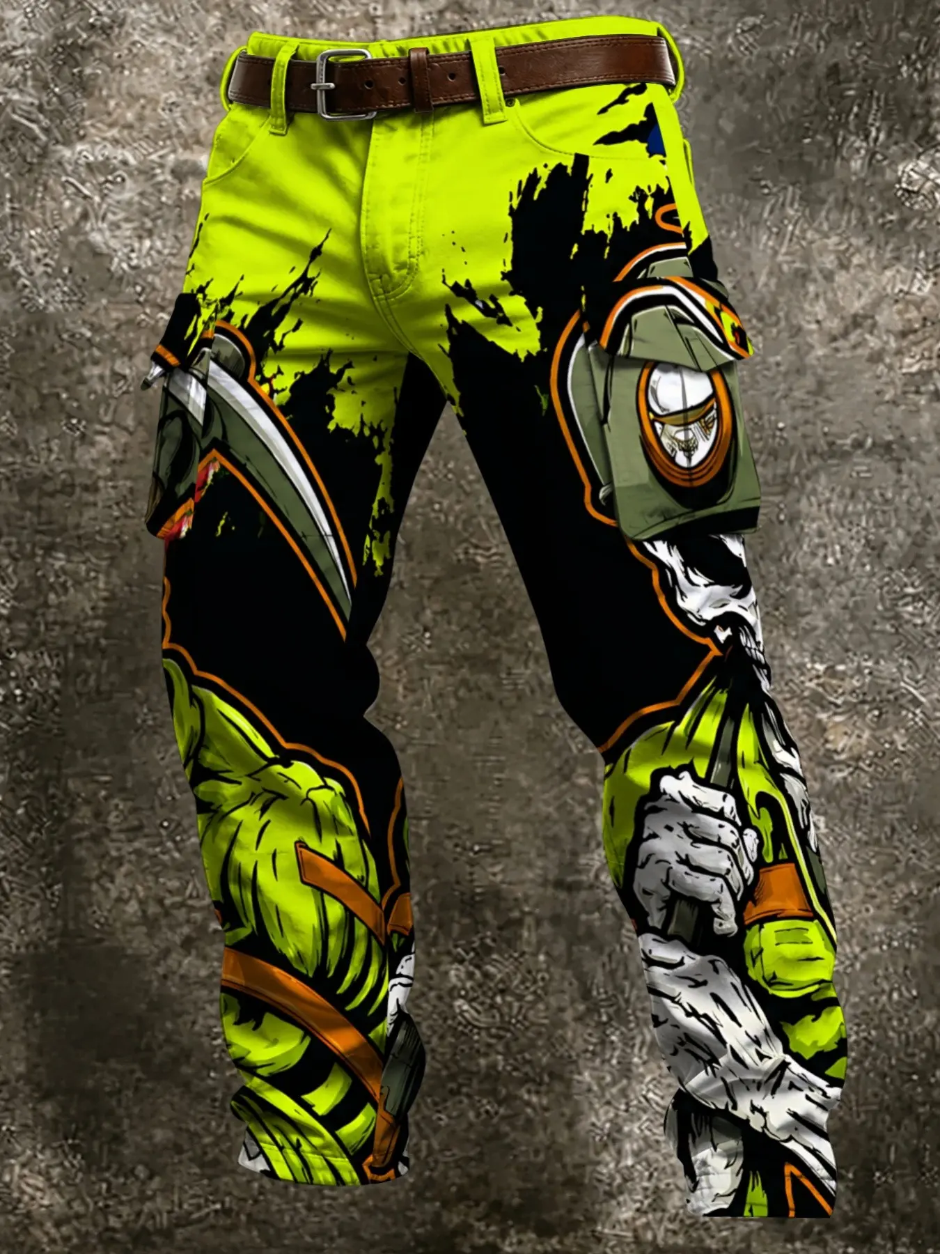 American Anime Samurai Skull Full Print Cargo Pants, Bright Base with Splatter Tear Edge Design, Trendy High Visibility, Street Style Long Pants