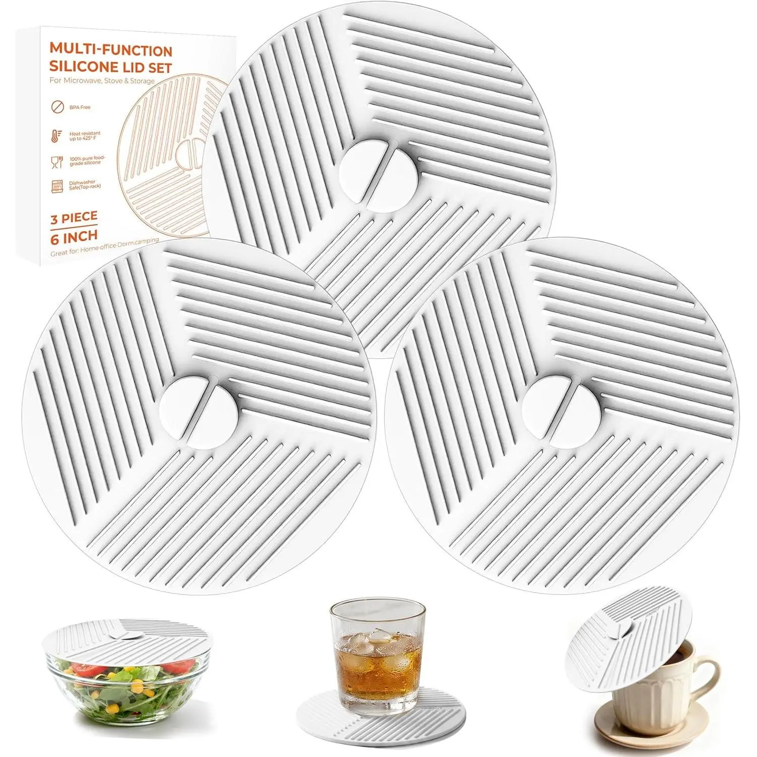 3 Pack 6 Inch   for Bowls, Microwave Splatter Cover  Storage  Multi-Use Pot Holders Trivet Mats, Heat Resistant Dishwasher Safe for Cups Mugs Kitchen  Containers