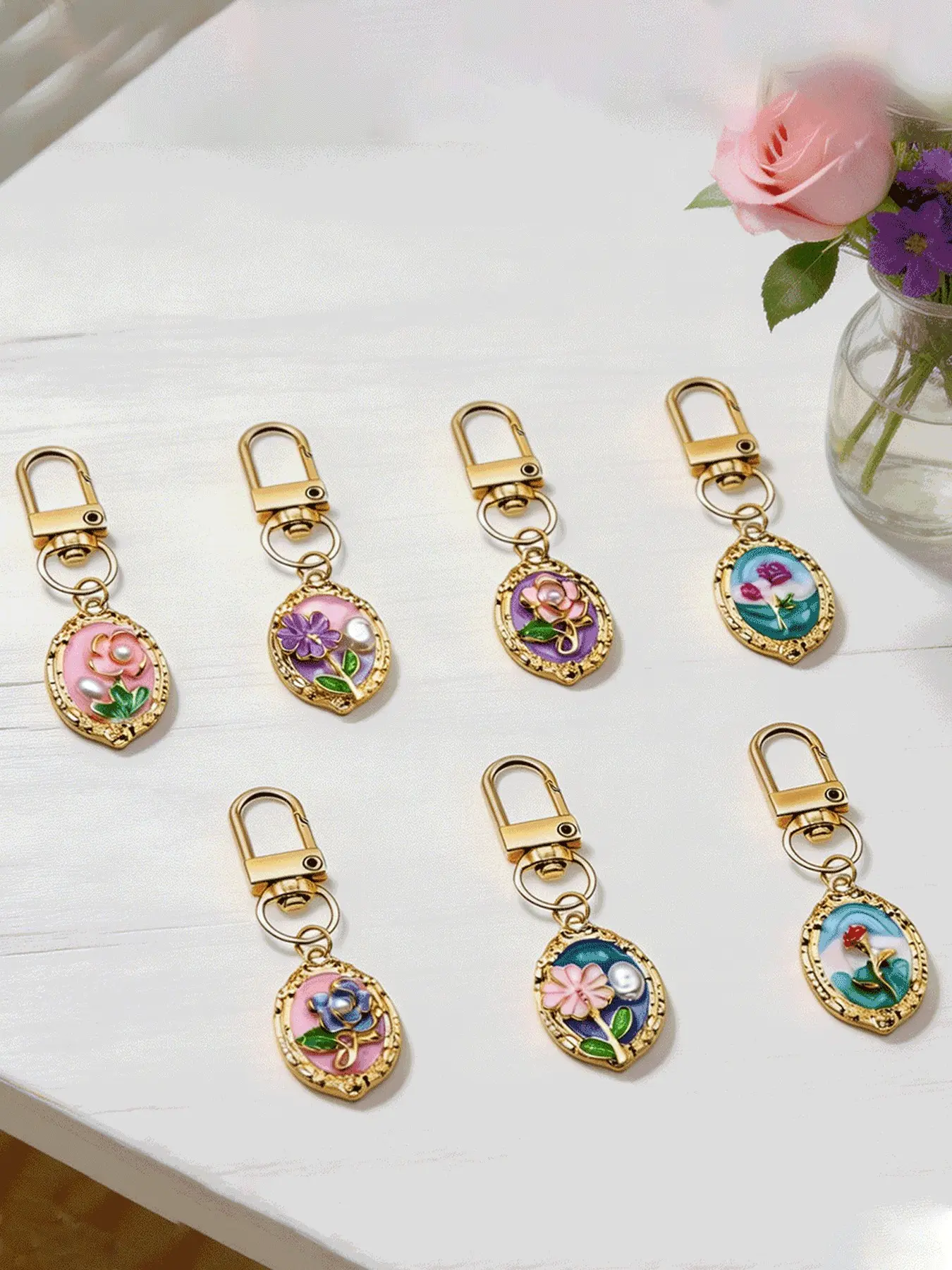 7 Pcs Mixed Color Rose Sunflower Oil Painting Keychains Cute, Women's Birthday Valentine Gift, Fashion Accessory Set, Party Gift