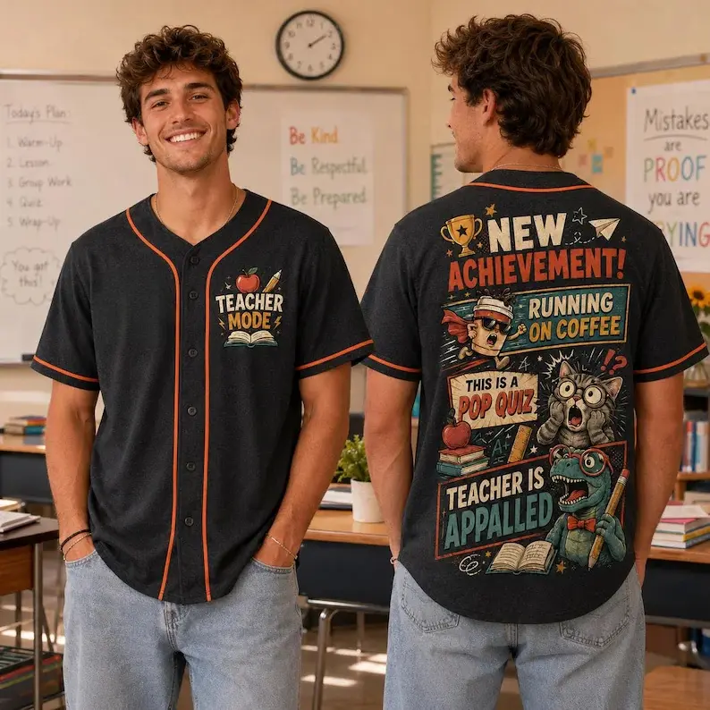 Funny Teacher Baseball Jersey, Male Teacher Shirt, Retro Comic Running on Coffee Tee, Back to School Educator Gift # Teacher Baseball Jersey # Back to School # Teacher #   TikTokMadeMeBuyIt #   TikTokShop