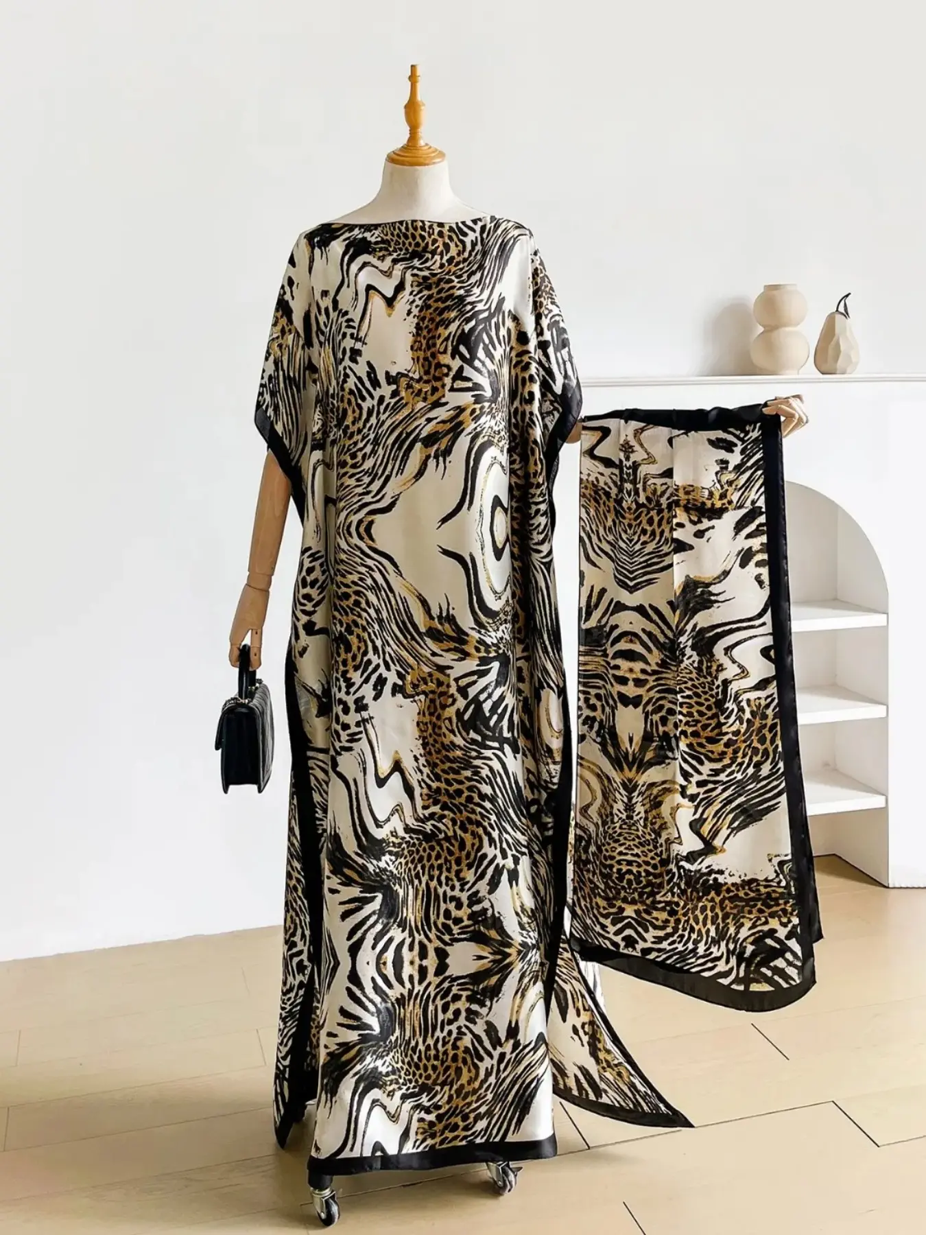 Leopard Print Loose Cape Dress & Long Head Scarf Set, Lightweight Sun Protection for Women, Beach Vacation Daily Wear, Versatile Fashion 2-Piece Set