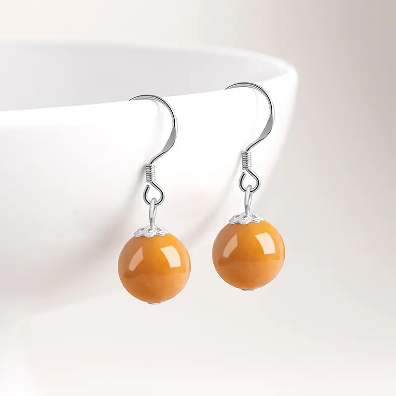 S925 Silver Natural Golden Silk Jade Round Bead Earrings Women's Earrings Fashion Accessories Jewelry Drop Earrings