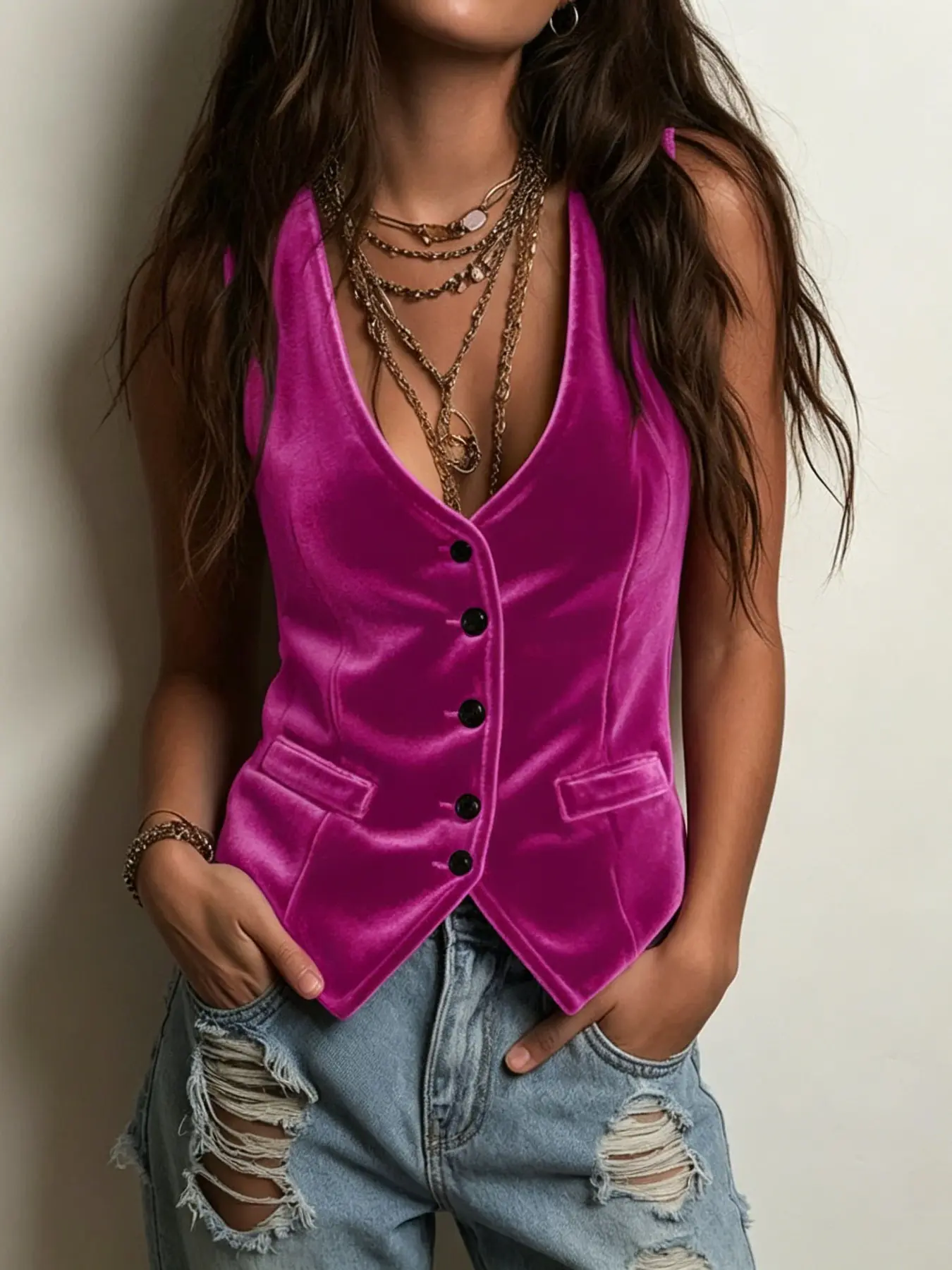 Women's Short Slim Fit Vest, Western Retro Vintage Casual Style Vibe, Waist Cinch Cut, Decorative Pockets, Button Design, Music Festival & Vacation Wear
