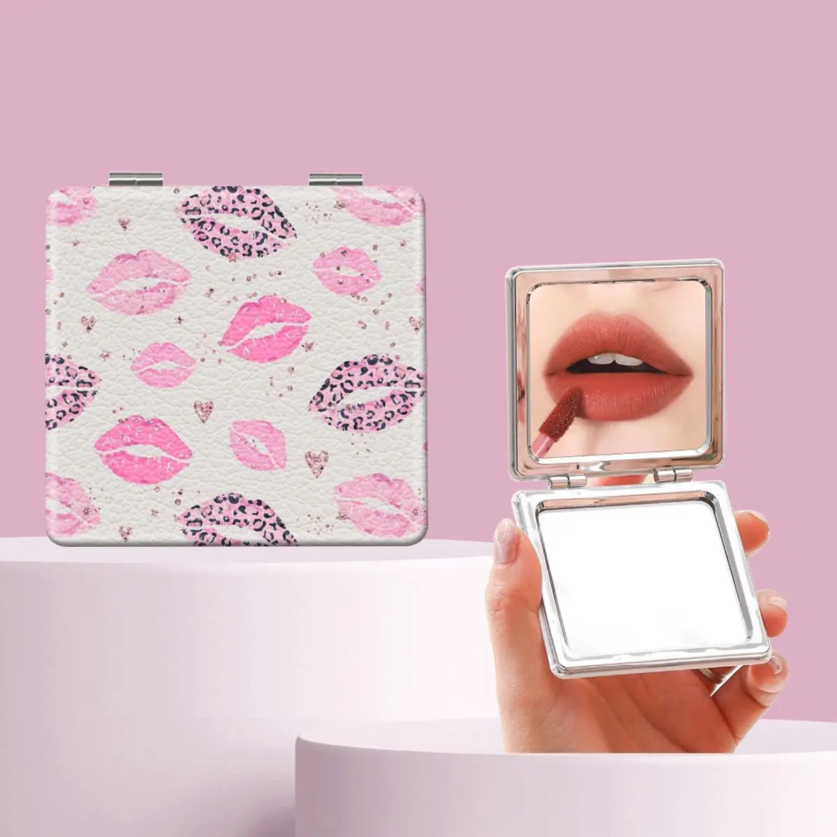 Millennial Y2K Leopard Print Lip Heart Makeup Mirror, Foldable Mini Handheld Mirror, Perfect Gift for Friends and Family