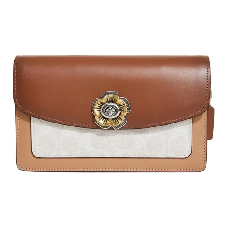 COACH Parker 19 Camellia Chain-Trimmed Crossbody Bag for Women – Brown and Tan Monogram Canvas with Polished Calfskin
