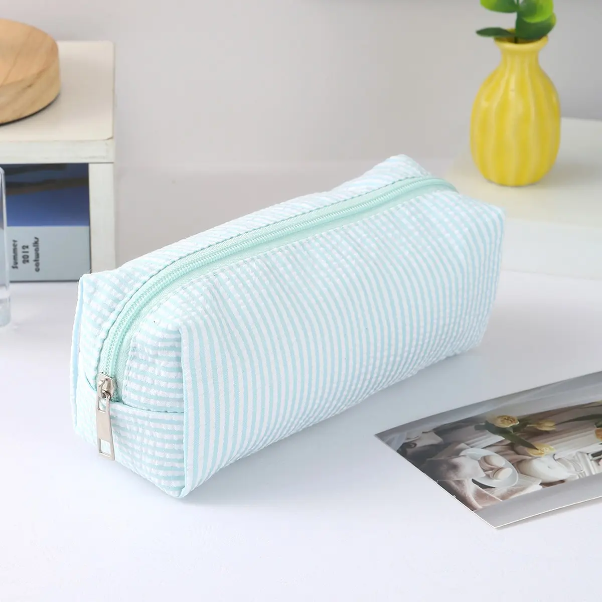 1 piece simple Macaron Stripe Pencil Pouch, Large Capacity Zipper Pencil Case with Spacious Wide-Open Box Design, Portable Stationery Storage Bag for Students, Classroom, Office Supplies, Desk Organization, Travel and Back to School Essentials
