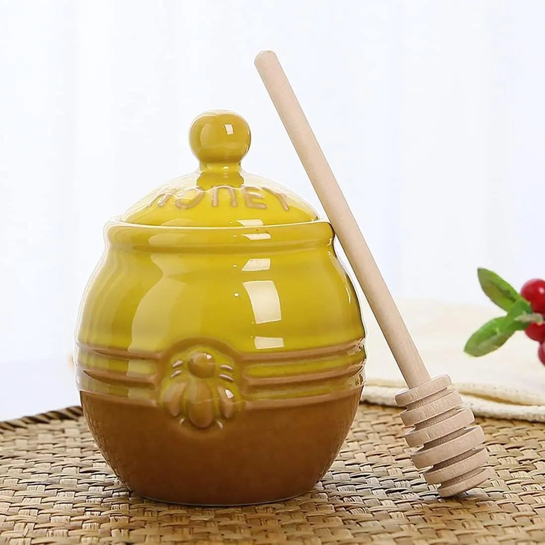 12oz Ceramic Honey Jar with Wooden Dipper Stick-Honey Pot with Dipper, Yellow Honey Dispenser,  Kitchen   Decor, Porcelain Honey Jar Easy to Clean for Mother's Day Wife