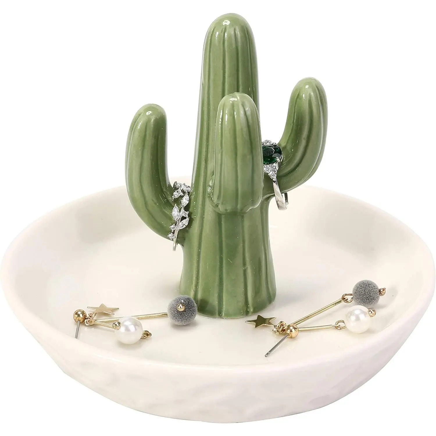 Ceramic Cactus Ring Holder with Derorative White Dish for Jewelry,Christmas Birthday Gifts for Women