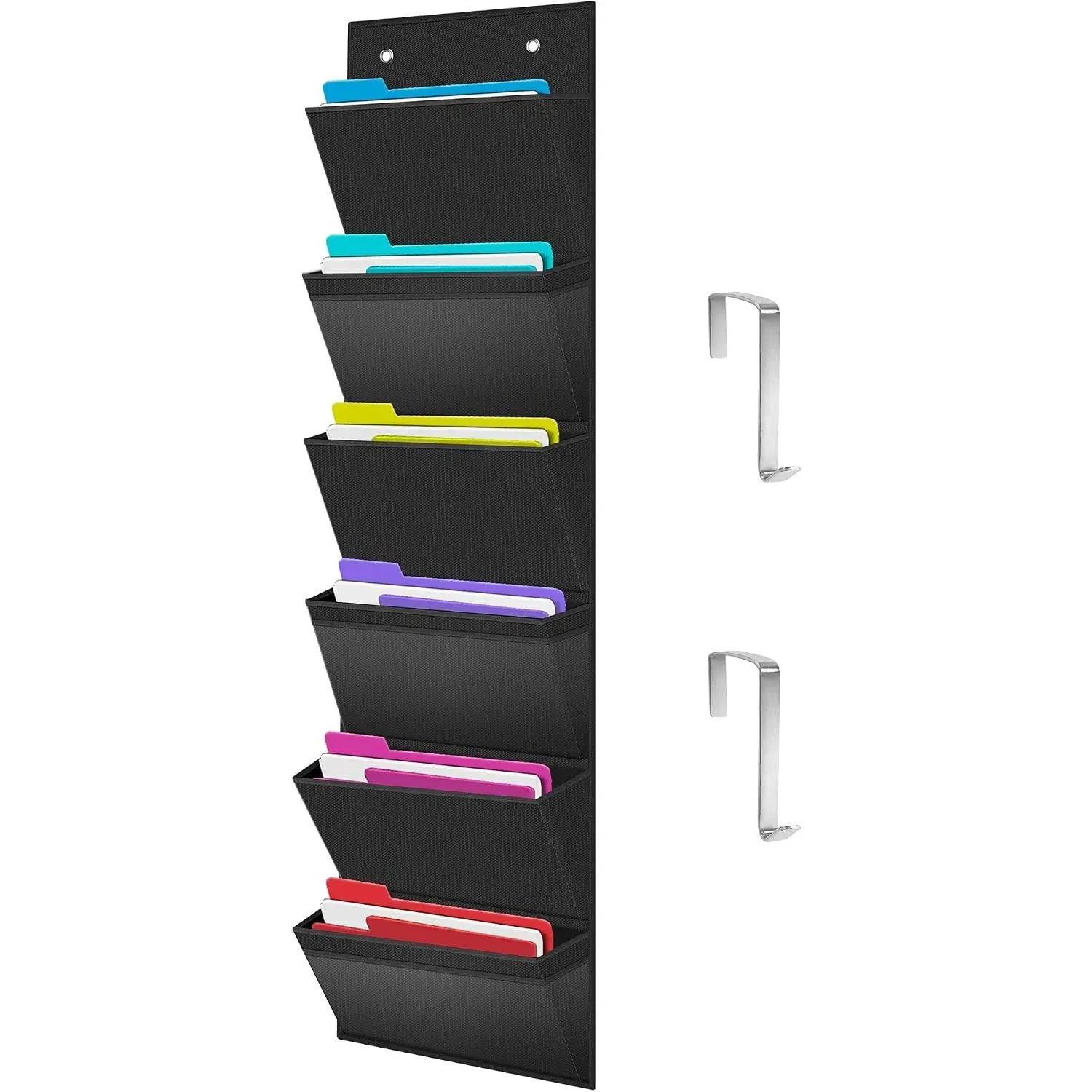 Over the Door File Organizer, Hanging Mount File Folders Organizer, Wall File Organizer for School Organizers, Mail Filing, Magazine, Dorm Room, Office, 6 Extra Large Pockets and 2 Hook (Black)