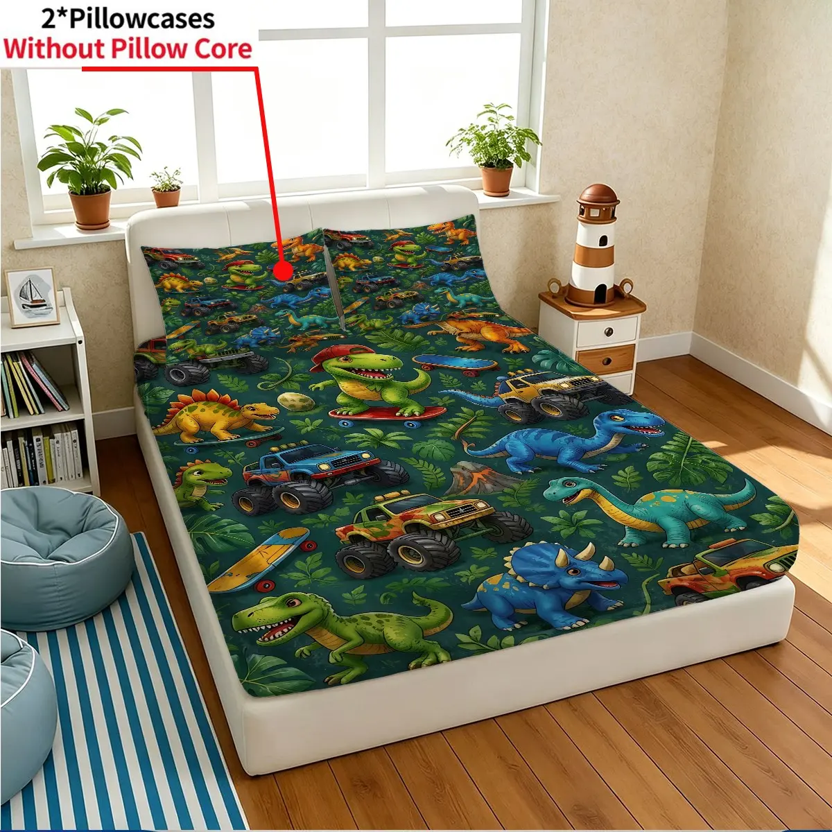 3pcs Dinosaur & Monster Truck Fitted Sheet Set – Features A Vibrant "Dinosaur Park" Digital Print (1 Fitted Sheet & 2 Pillow Shams); Made From Soft Microfiber Fabric With Deep Pockets; Ideal For Children'S Bedrooms; Suitable For All Seasons.