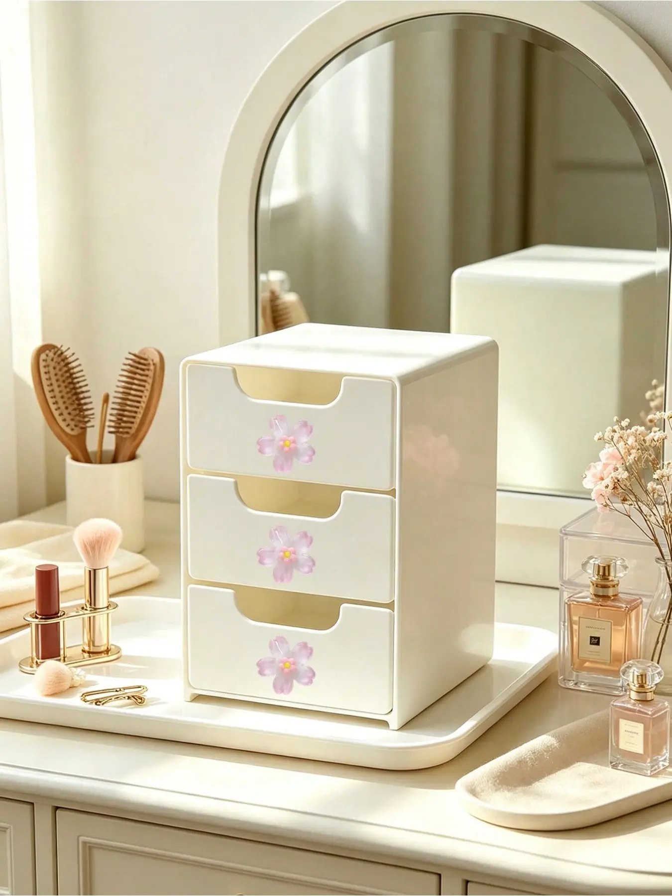 Handmade storage boxes and organizers, mini desktop drawer storage boxes with flower decorations, three-layer plastic drawer storage boxes, multi-layer plastic storage boxes for jewelry and cosmetics, non-electric desktop storage