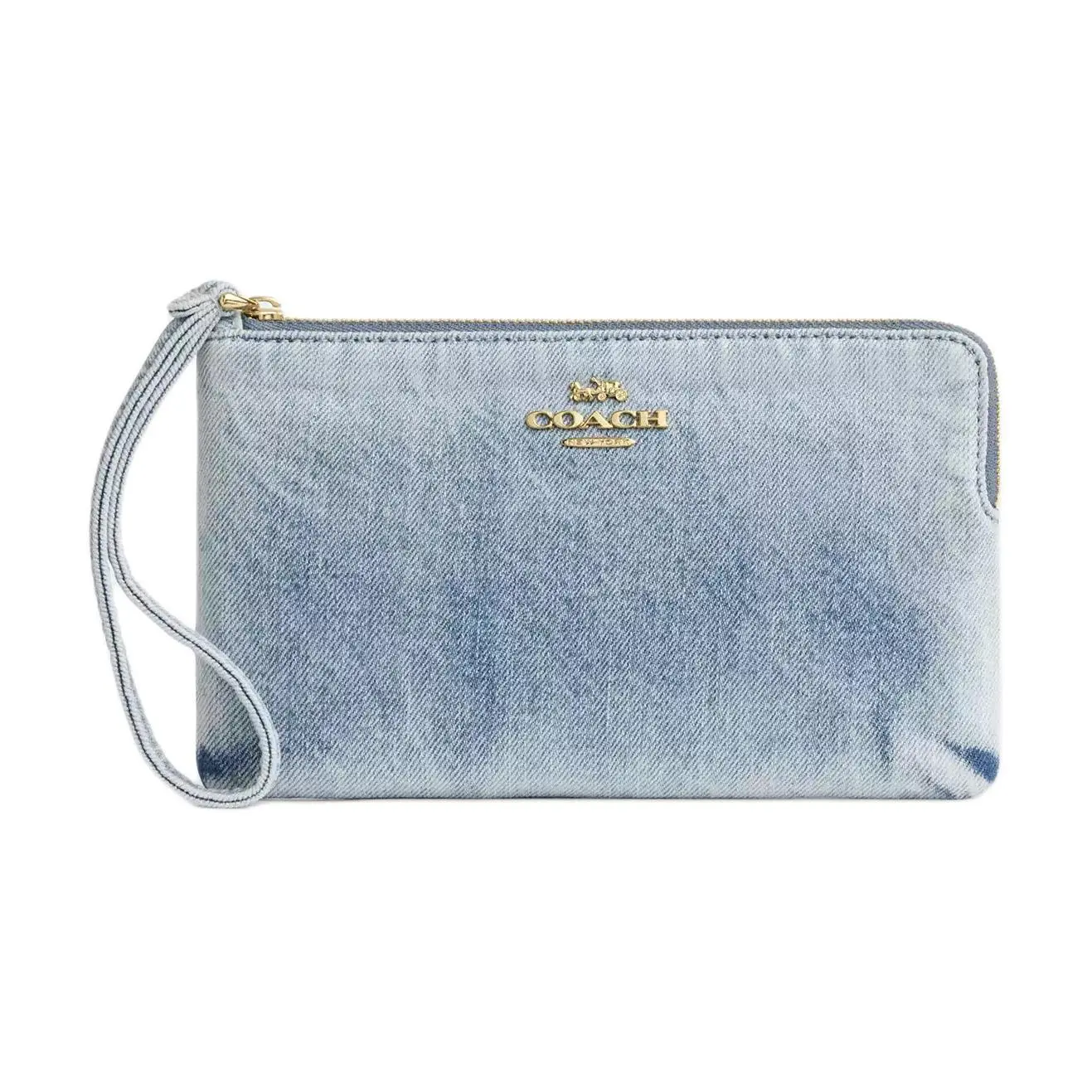 COACH Corner Zip Wristlet Handbag for Women – Denim Style with Gold-Tone Hardware, Large Size