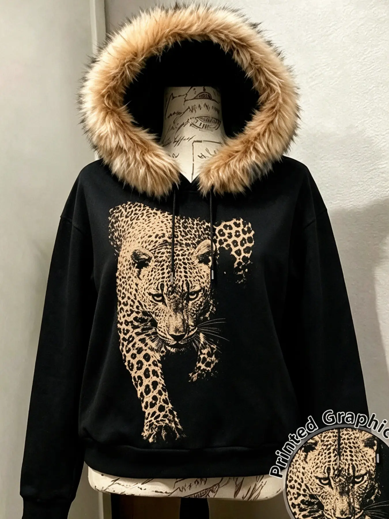 Women's Leopard Print Hooded Jacket, Vintage Fur Collar, Loose Zipper Sweatshirt, Thickened Fall Winter Open Cardigan