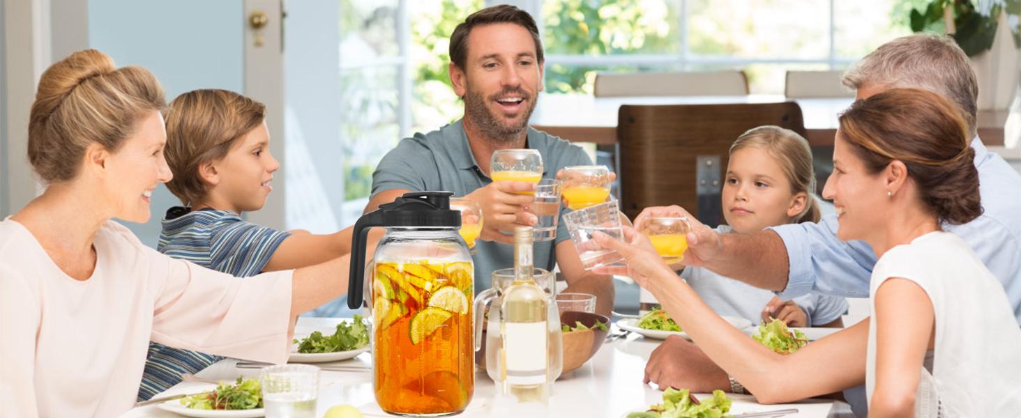 2 Pack Glass Pitchers with Lid, 64 oz Sun Tea Pitcher, Half Gallon Mason Jar Pitcher with Wide Mouth Airtight Lid for Ice Tea, Cold Brew Coffee, Fridge Water, Milk, Juices, Leak Proof Water Jug