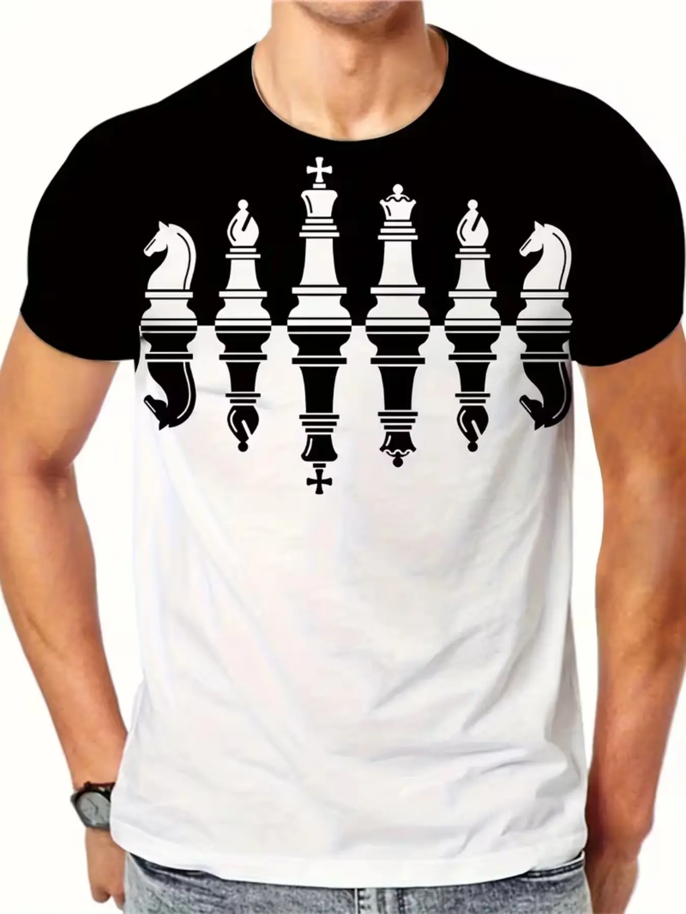 Men's Chess Theme Chess Piece Print T-Shirt, Checkered Design, Round Neck Short Sleeve, Comfortable Casual Summer Top