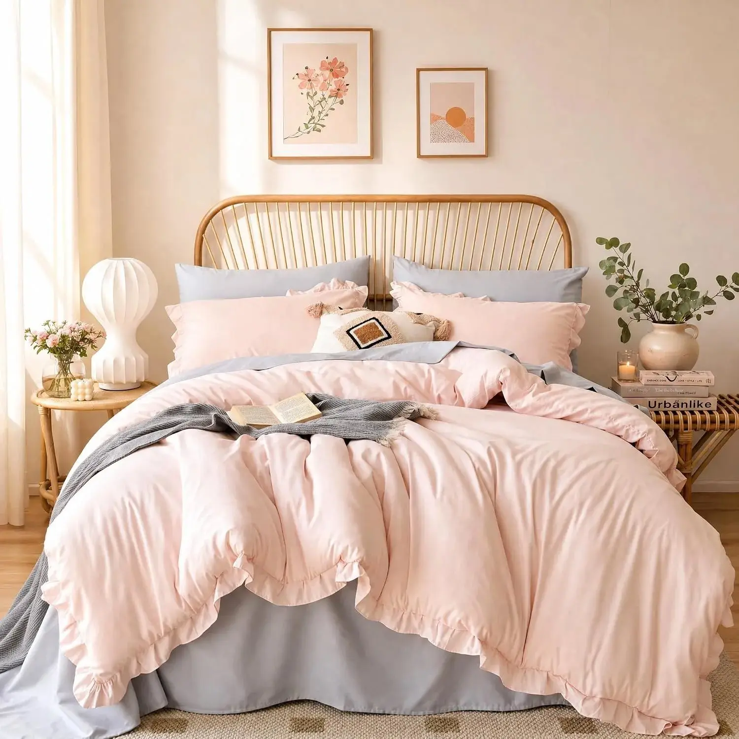 Blush Pink Comforter Set Queen – Soft Microfiber, Lightweight All Season Bedding, Ruffle Shabby Chic Aesthetic, Breathable Cozy Bed Set with 2 Pillow Shams, Machine Washable